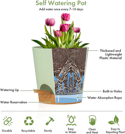 7/6.5/6/5.5/5/4 inch Self Watering Pots for Indoor Outdoor Plants, 6 Pack Plastic Flower Planters with Drainage Holes and Removable Saucers, Plant Pots with Wicking Rope, Green Brown