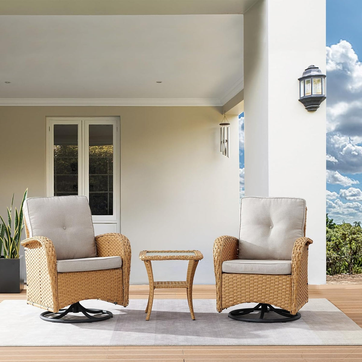 HUMMUH Swivel Patio Chair 3 Piece PE Wicker Patio Furniture Set with Rocking Chairs and Side Table Outdoor Bistro Set for Porch,Garden,Deck,Poolside