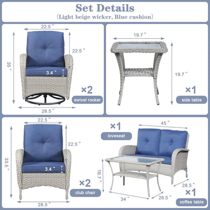 Patio Conversation Sets Wicker Furniture, 7 PCS Outdoor Swivel Rocker Furniture Set for Patio Deck Poolside, 2 Swivel Rockers 2 Club Chairs 2 Rattan Tables 1 Loveseat Included, Blue Cushion