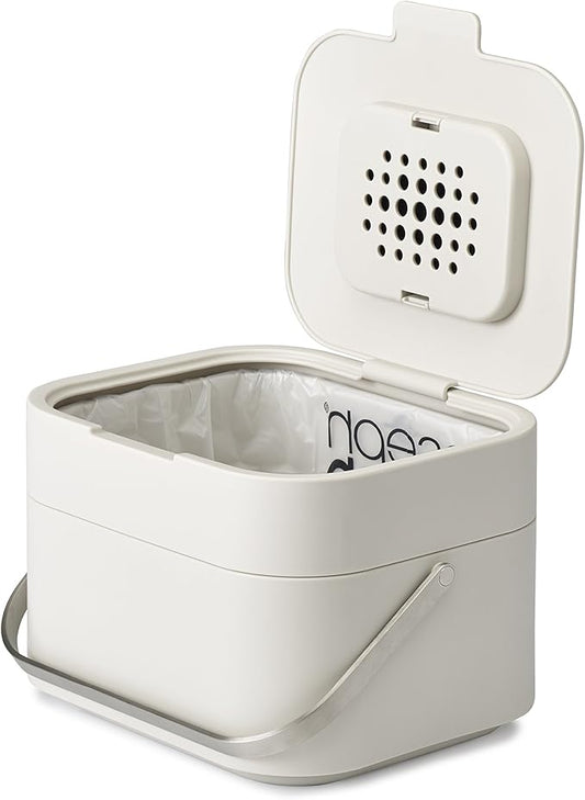 Joseph Joseph Stack Kitchen Food Intelligent Waste Compost Caddy Recycling Bin with Odor Filter, 4 Litre / 1 Gallon - Stone