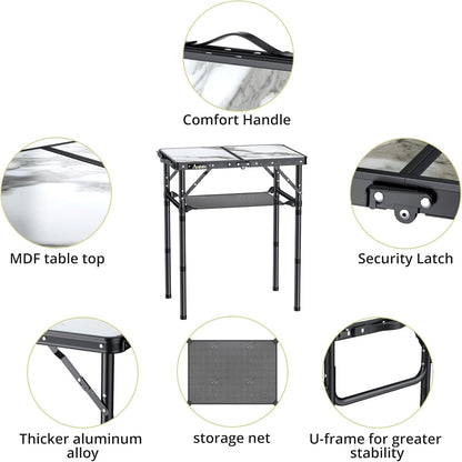 Folding Camping Table with Storage Net, 3 Adjustable Height Max 27.5" Aluminum Small Folding Table, Portable Table with Carry Handle, Lightweight, for Outdoor Indoor Travel Camping Picnic