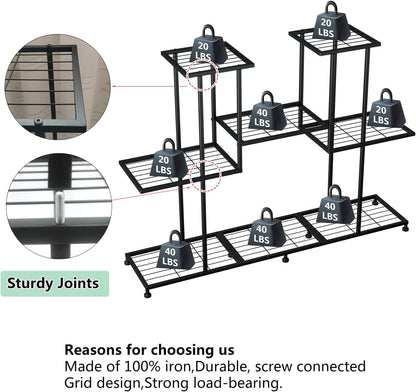 Metal Plant Stand, 5 Tiers Multifunctional Plant Stands for Indoor Plants, Decorative Black Steel Plant Shelf for Indoor Patio Garden Balcony and Yard (4 tiers 12 pots)