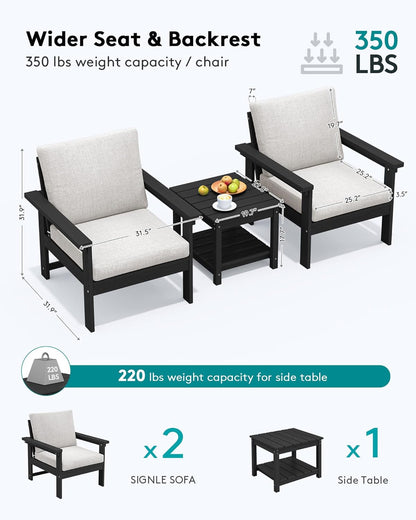 SERWALL HDPE Patio Sofa Set, 3-Piece Sectional Outdoor Furniture Set, All Weather Outdoor Couch Set Patio Furniture Set for Deck, Lawn, Black Frame with Khaki Cushion