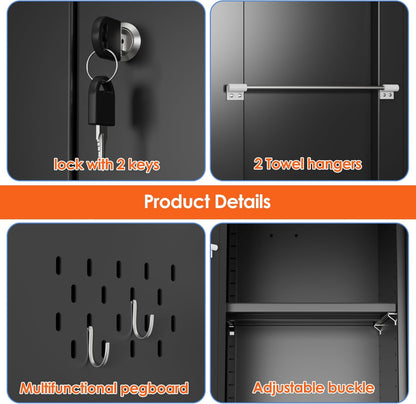 Broom Closet Storage Cabinet with 5 Pegboard, Hanging Rod &13 Hooks, Utility Metal Garage Storage Cabinets with Doors and 4 Shelves for for Garage Home Storage, Black,61.6" Hx27.6 Wx13.8 D