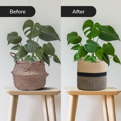 TIMEYARD Sturdy Jute Rope Plant Basket Modern Woven Basket up to 7.5 Inch Flower Pot Floor Indoor Planters, 8” x 8” Storage Organizer Baskets Rustic Home Decor, Black Stripes