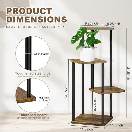 4 Tier Wood Tall Plant Stand Metal Rack Indoor, Multiple Flower Pot Holder Shelves Corner Rack, Planter Shelf Display Rack Storage Organizer for Patio Living Room Balcony Garden(Black)