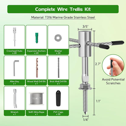 20 Set Trellis Wire for Climbing Plants Outdoor, T316 Wall Wire Trellis Kit with Stainless Steel Cable 1/8" x 164ft, Espalier System Cable Trellis Kit with Adjustable Spacing Vines Green Wall