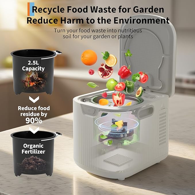 2.5 L Electric Composter Countertop, 3 Modes Kitchen Smart Compost Bin with Auto Cleaning, LED Display, Turns Kitchen Waste into Dry Manure, Low Noise Food Waste Compost Machine