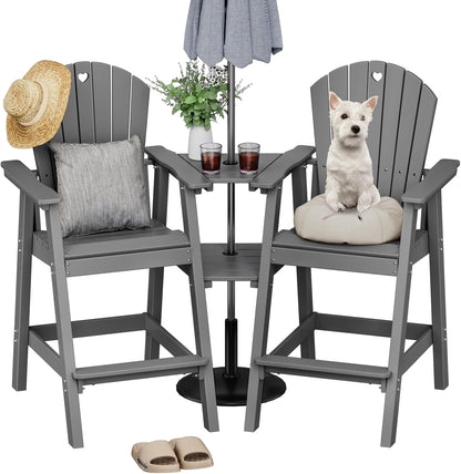 Tall Adirondack Chairs Set of 2-Durable HDPE Outdoor Bar Stools with Double Connecting Tray, Weatherproof Patio Furniture for Poolside, Backyard, Deck & Lawn Relaxation (Gery)