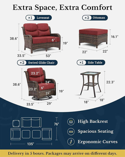 HILLGA Luxury Patio Furniture Set with 6-inch Thick Cushion, Outdoor Loveseat and High Back Swivel Rocker Patio Chairs, 6PCS Wicker Conversation Set for Deck Yard and Poolside, Burgundy (V2)