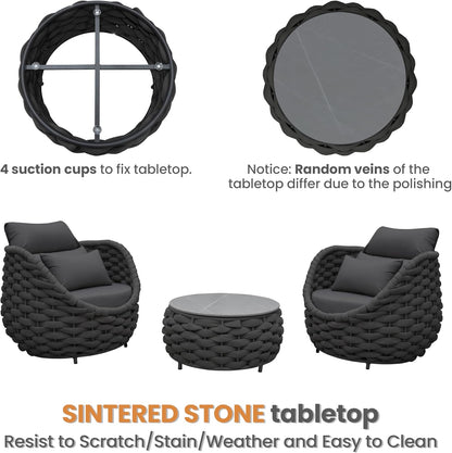 Deck Furniture Set: 3 Pieces Aluminum Woven Rope Patio Conversation Sofa Set for 2, Comfy Cushions Couch Armchair Table Set Assembled, 400lbs for Porch Balcony Pool Bistro Yard Hotel - Dark Gray