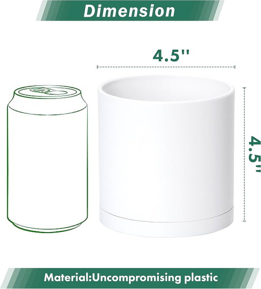 D'vine Dev 2 Pack 4.5 Inch Modern Plastic Plant Pots, Small Garden Planters for Plant with Drainage Holes and Saucers, White Color, 74-Z-F-1