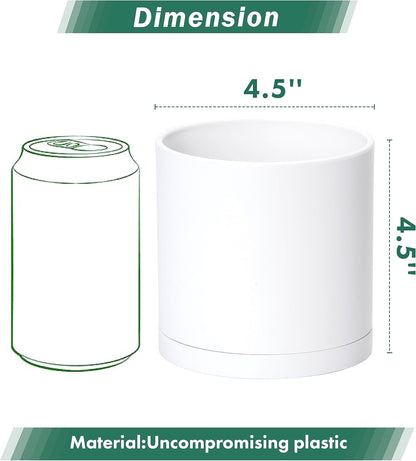 D'vine Dev 4 Pack 4.5 Inch Modern Plastic Plant Pots, Small Garden Planters for Plant with Drainage Holes and Saucers, White Color, 74-Z-F-2