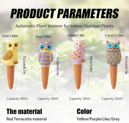 4 Pack Handmade Terracotta Owl Watering Spikes and Globes, Self-Watering Plant Devices with Slow Release System for Continuous Moisture, Perfect Water Bulbs for Indoor and Outdoor Plants Vacation Use
