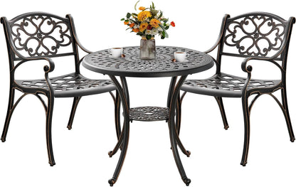 Bistro Set 3 Piece Outdoor Cast Aluminum Patio Bistro Set Patio Set Metal Bistro Table and Chairs Set of 2 with Umbrella Hole for Deck, Gardens, Bronze (Flower Backrest)
