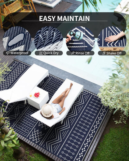 Outdoor Rug Carpet Waterproof 8x10 ft Patio Rug Mat Indoor Outdoor Area Rug for RV Camping Picnic Reversible Lightweight Plastic Straw Outside Rug for Patio Decor Decoration Boho Rug Navy Blue White