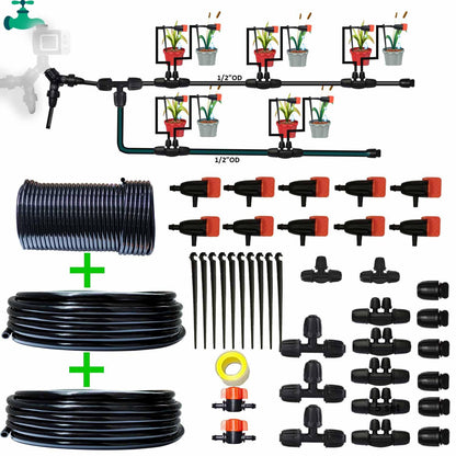Drip Irrigation System Drip Irrigation Kit 64ft 5/16“ID Inche 64FT 1/4 Inch OD Pipe Kits Solutions for Large Gardens with Low Water Pressure Away from The Water Source