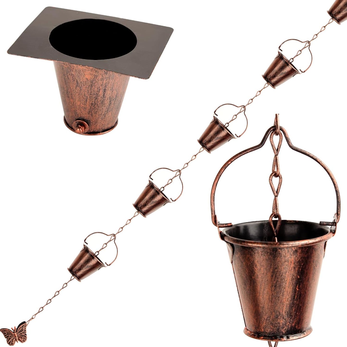 8.66 Ft Gutter Rain Chain, Metal Collector Rain Chain for Eaves Drainage, 16 Cup Small Bucket Metal Decorative Gutter Rain Chain, Outdoor Decorative Rain Chain (Brown)