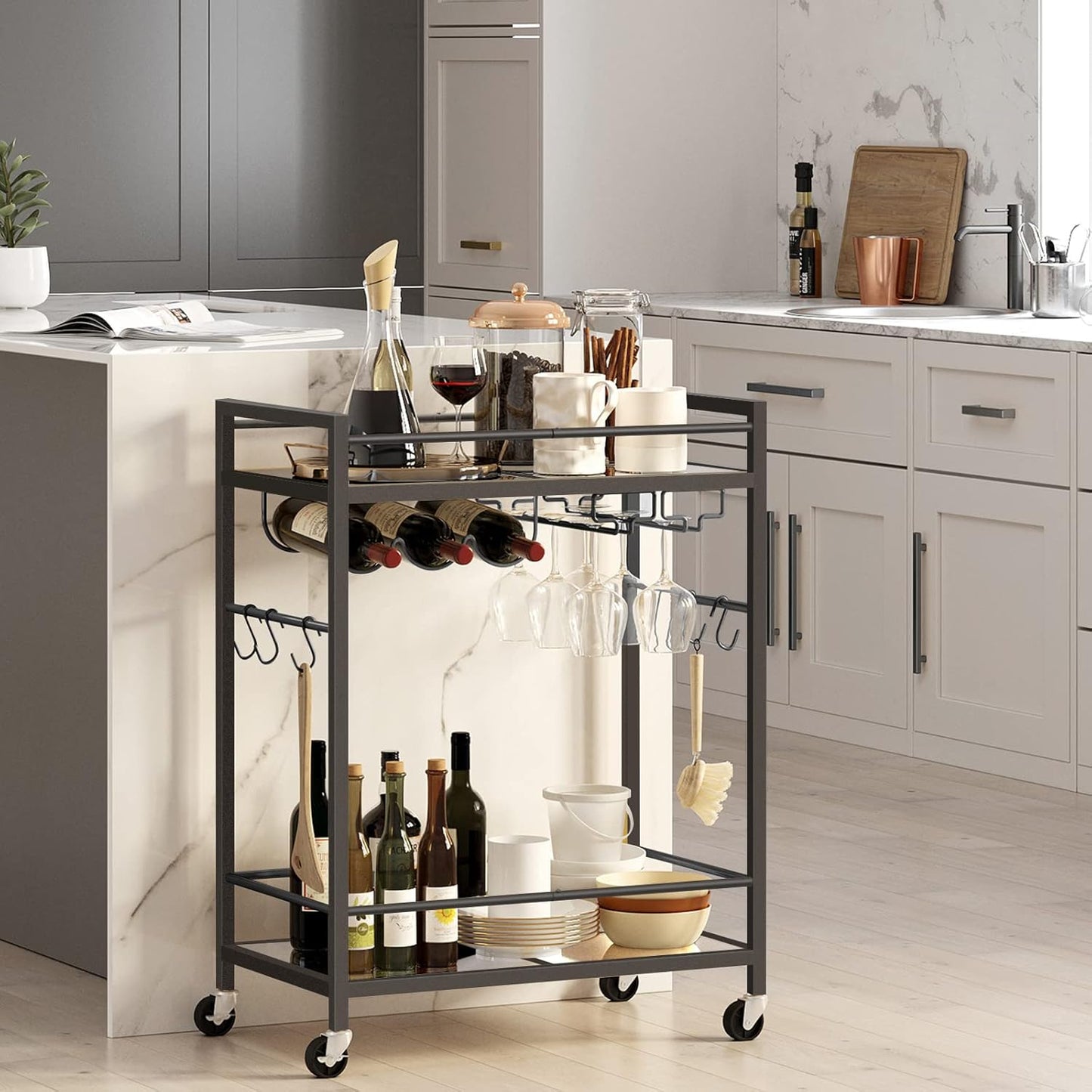 TUTOTAK Bar Cart, Serving Cart - for Home, Microwave Cart, Drink Cart, Mobile Kitchen Shelf with Wine Rack and Glass Holder, Rolling Beverage Cart, Black BC01BK031