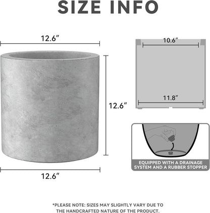 Kante 12.6" Dia Round Concrete Planter, Modern Style Large Cylindrical Plant Pot with Drainage Hole and Rubber Plug for Indoor Outdoor Patio, Natural Concrete