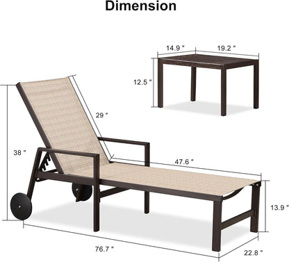 PURPLE LEAF Pool Lounge Chairs Set of 3 Aluminum Outdoor Lounge Chairs with Wheels and Armrests Adjustable Patio for Deck Outside Lawn Garden, Light Tan