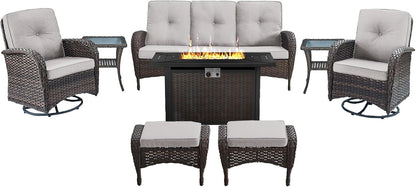 8 Piece Patio Furniture Set with 50000 BTU Propane Fire Pit Table, Outdoor Conversation Set with 2 Swivel Rocker Chairs Wicker Sofa and Ottomans for Casual Gatherings Beige Cushion