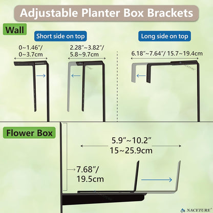 Window Box Brackets for Railing- 2 Pcs Adjustable Planter - Sturdy, Stable Flower Box Brackets for Railings, Balconies and Fences- Upright Railing Plant Holder (Black 2 Pack)