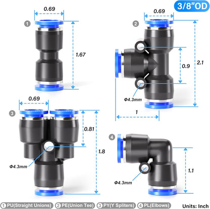 TAILONZ PNEUMATIC 3/8 inch od Push to Connect Fittings Pneumatic Fittings kit 5 Spliters+5 Elbows+5 tee+5 Straight (20 pcs)