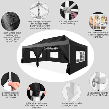COBIZI 13x26 Pop up Canopy Heavy Duty with 6 Sidewalls, Easy Set-up Commercial Outdoor Party, 100% Waterproof Wedding Canopy Gazebo, 2 Height Adjustable with Wheeled Bag,Black