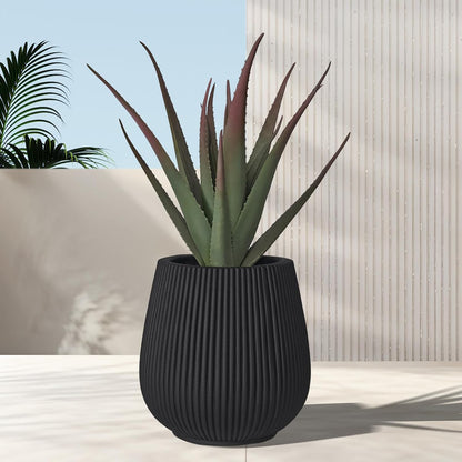 16 Inch Handmade Concrete Outdoor Planter - Classic Striped Design | Fiberglass & Composite Material | Durable for Commercial & Home Decor