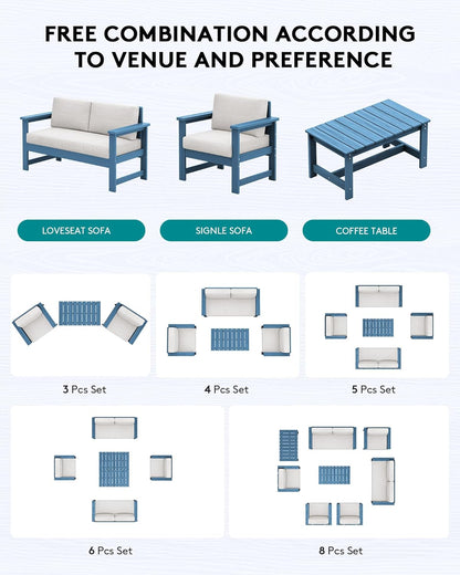 SERWALL 4 Pieces HDPE Outdoor Sofa Set with Cushions, All Weather Use Conversation Couch Set, Outdoor Loveseat Furniture with Coffee Table for Patio, Blue Frame with Khaki Cushions