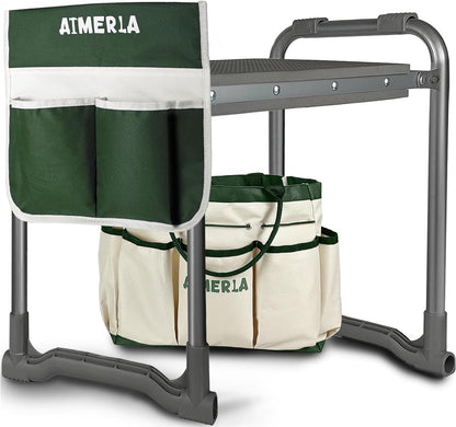 Foldable Garden Kneeler Seat Heavy Duty [Upgraded Widened Thick Kneeling Pad] Garden Stool with Large Garden Tool Bags with Pockets - Portable Garden Bench Gardening Gifts for Parents