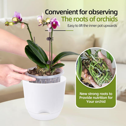 QCQHDU 2 Pack Orchid Pots with Holes for Repotting, Double-Layer and Self Watering Orchid Pot with Good Air Circulation