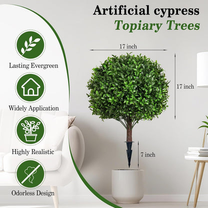 Artificial Olive Leaf Boxwood Topiary Ball Trees, Set of 2 UV Resistant 16in Outdoor Plants – Artificial Bonsai, Miniature Trees, Garden, Curb Appeal