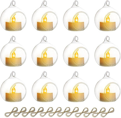 NUPTIO Hanging Glass Globe with Candles: Set of 12 Tealight Candle Holders with LED Tea Lights - 2.36 inch Bulk Clear Votive Candleholders for Party Wedding Birthday Shower Celebration Tree Decoration