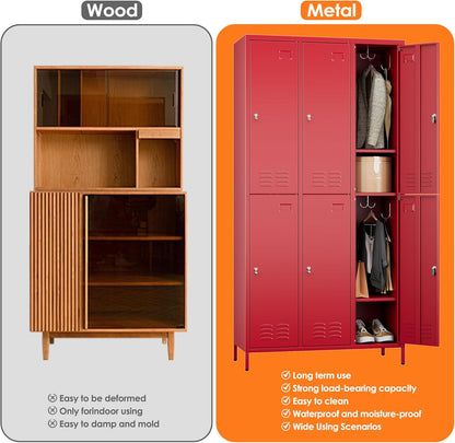 6 Doors Metal Lockers for Employees with 6 Shelves and 18 Hooks, Storage Locker with Business Card Holder for Office Gym School Bedroom, Assembly Required, Red