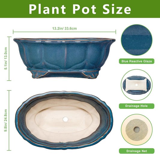 Bonsai Pots - 13.2 Inch Oval Ceramic Pots for Plants, Large Succulent Planter with Drainage Hole, Decorative Planters for Indoor Outdoor, Garden House Decor, Housewarming Gifts, Retro Blue