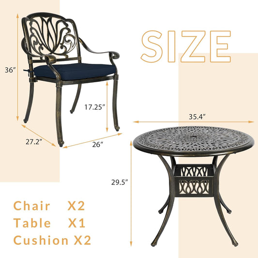 3-Piece Outdoor Patio Dining Set, All-Weather Cast Aluminum Patio Furniture Set for Backyard Garden Deck with 2 Cushioned Chairs and 35.4” Round Table, 2" Umbrella Hole, Navy Blue