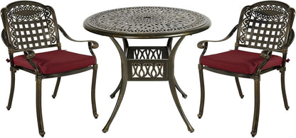 MEETWARM 3 Piece Patio Bistro Set, Outdoor All-Weather Cast Aluminum Dining Furniture Set Includes 2 Chairs with Cushions and a 35.4” Round Table with Umbrella Hole for Garden Deck, Chili Red