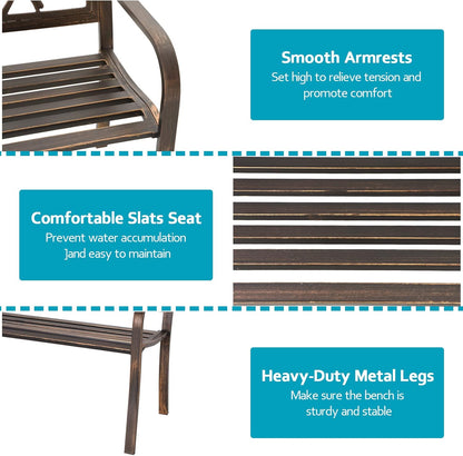 MFSTUDIO 50" Outdoor Garden Bench, Patio Metal Frame Park Bench with Bird Pattern Backrest for Porch, Lawn, Deck(Bronze)