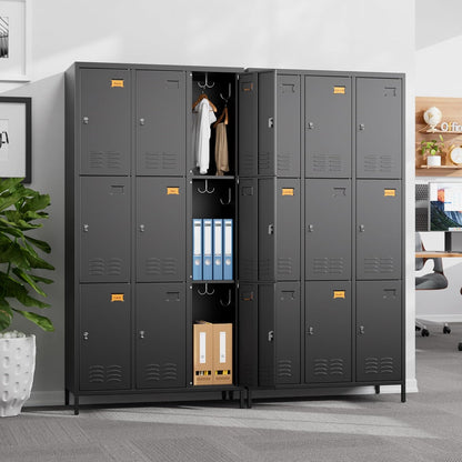 9 Doors Metal Lockers for Employees with 27 Hooks, Storage Locker with Business Card Holder for Office Gym School Bedroom, Assembly Required, Black