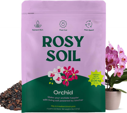 Rosy Soil Orchid Soil Potting Mix - Superior Aeration & Drainage for Orchids - Peat-Free, Microbially Active Biochar Powered Soil for Orchid Plants - Ideal for Indoor Gardening - 4 Quarts