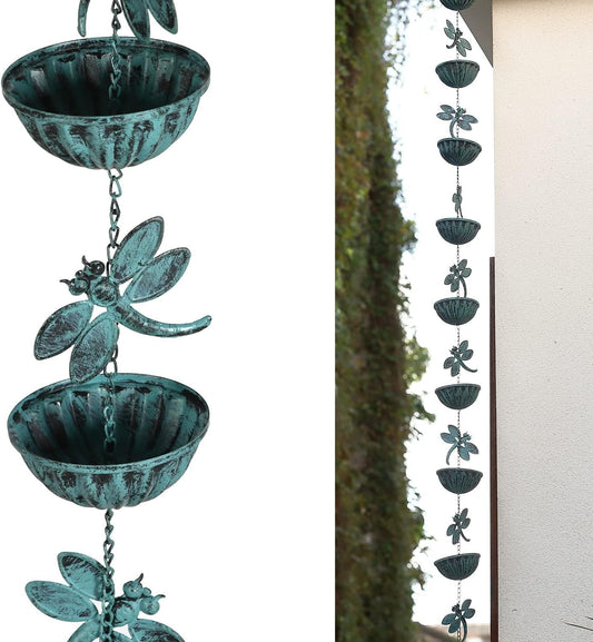 Iron Dragonfly Rain Chain for Gutters, 8.5-Feet Length, Distressed Blue