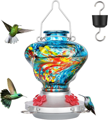 Hummingbird Feeder for Outdoors with Ant Moat, Blue Hummingbird Feeder, Hand Blown Twisted Glass, 4 Bee Guard Feeding Ports with Perch, Outdoor Décor, 16OZ, Gifts for Mom Wife Dad Men Women