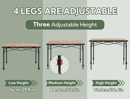 Portable Outdoor Adjustable Height Camping Table, Large for 2-6 Person, Foldable Roll-up Aluminum Camp Table with Carry Bag for Picnic, Camp, Sturdy, Stable, Loads 220 Lbs