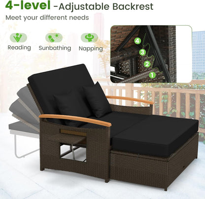 Tangkula Patio Rattan Daybed Set with Cushioned Loveseat and Storage Ottoman, Outdoor Double Chaise Lounger with 4-Level Adjustable Backrest and Retractable Side Trays for Backyard (Black)