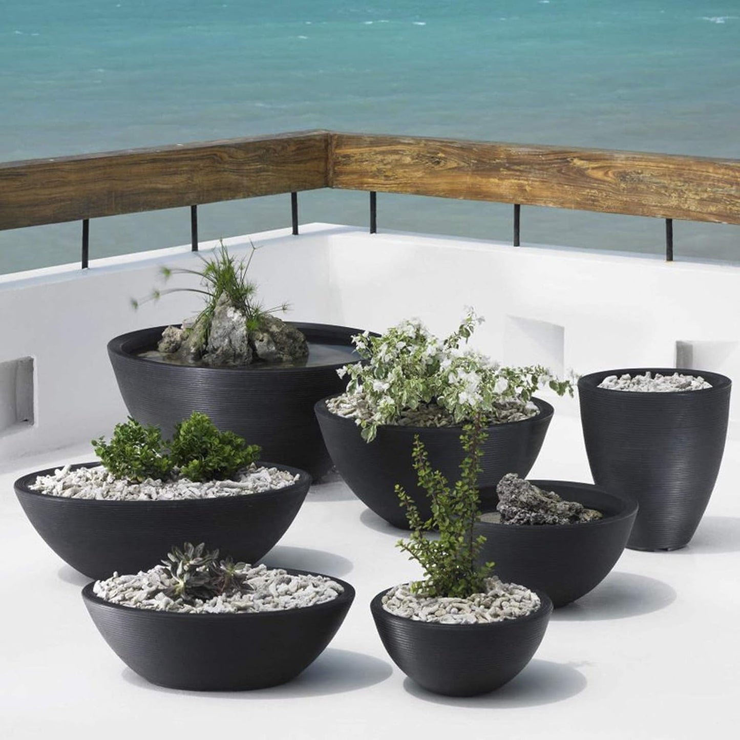 Crescent Garden Delano Bowl Planter, Indoor Outdoor Round Shallow Plant Pot for Water Garden, Bonsai Plant Pots, Succulents with Drain Hole - Double Walled Bowl Lotus Pot, 20" W (Midnight)