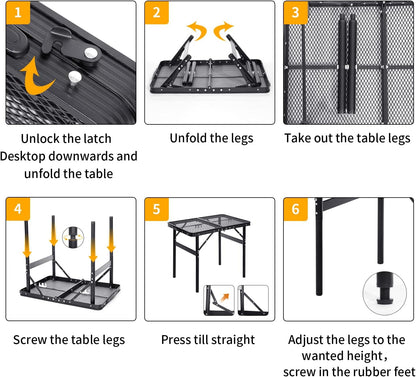 Small Folding Table 2FT Grill Table Foldable Camping Table Picnic Portable Mesh 2 Height Adjustable Outdoor Beach BBQ Black 23.6×15.7 inch