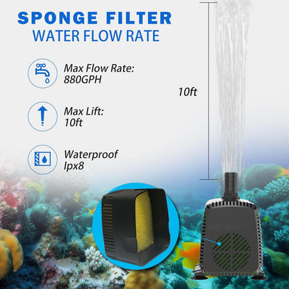 Submersible Pump 880GPH with AUTO-Shut-Off 10ft High Lift for Fountains, Hydroponics, Ponds, Aquariums & More