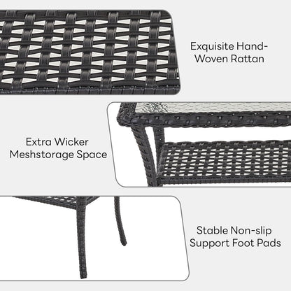 38 Inch Outdoor Coffee Table with 2 Tier Storage - Wicker Coffee Table with Water Ripple Texture Tempered Glass Top, All Weather Patio Coffee Table for Deck Porch Balcony Garden Black